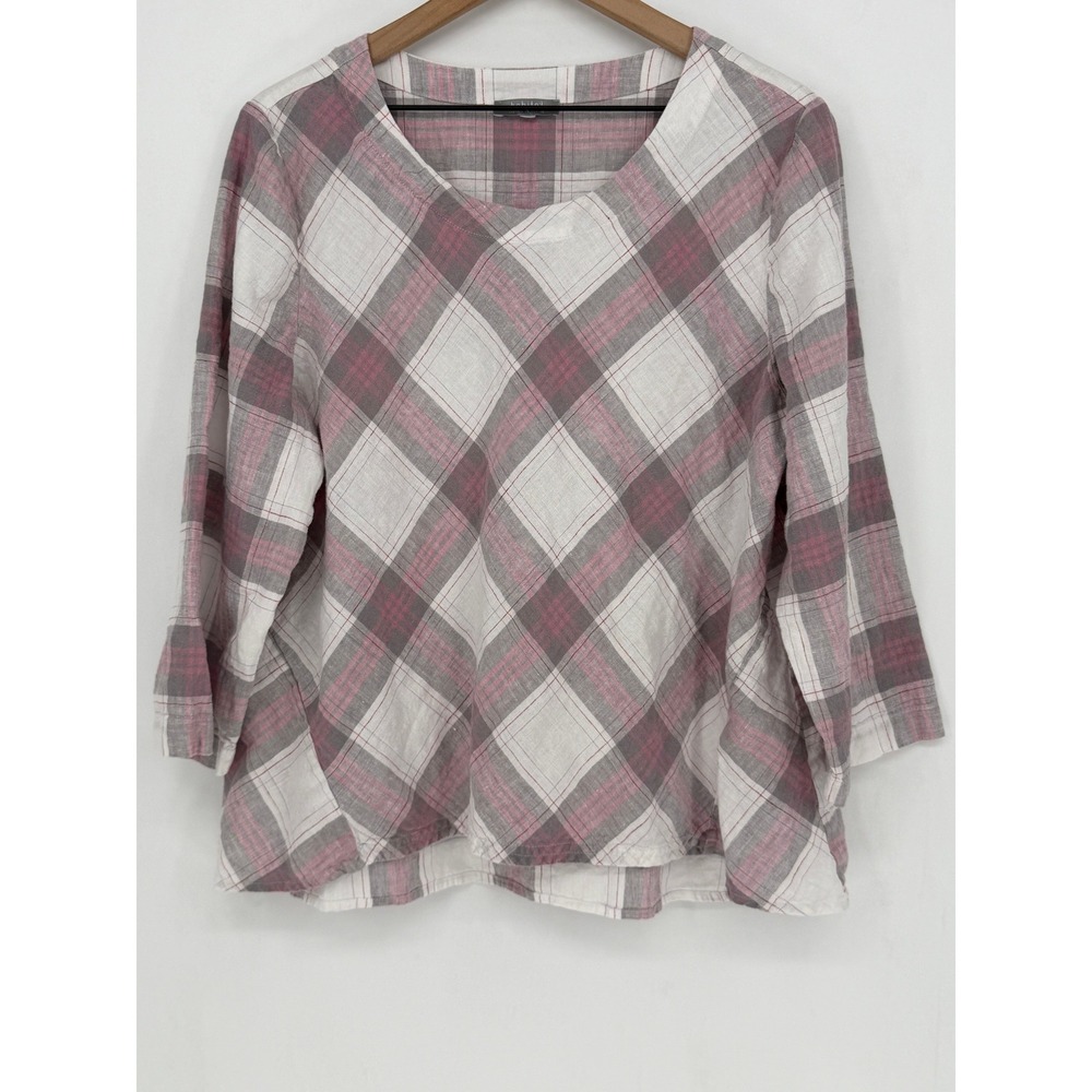 Habitat Plaid Linen Blend Top Large Pink Grey White Blouse Coastal Lagenlook